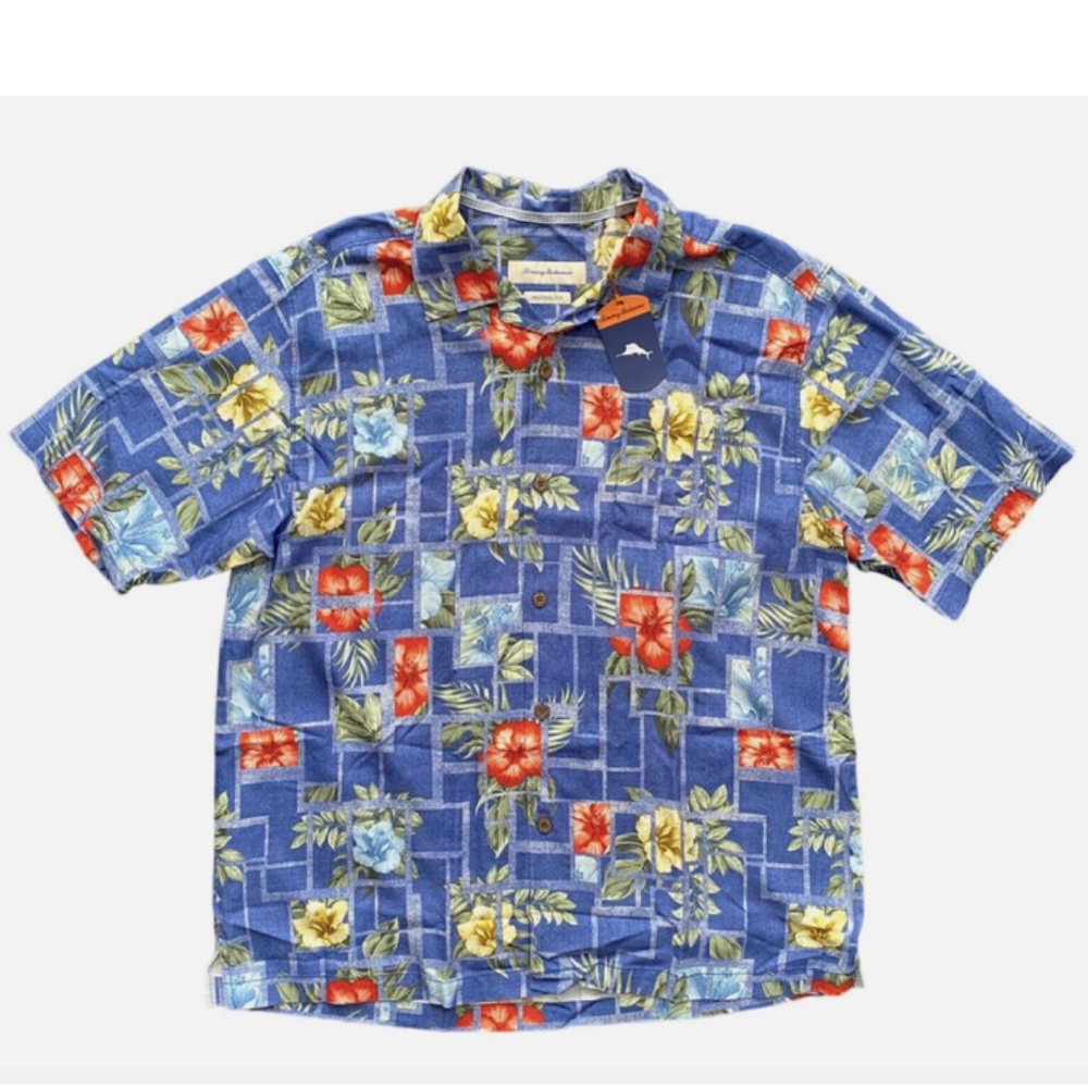 Tommy Bahama Shirt Sydney Trellis Night Shadow Blue Floral Original Fit Silk L